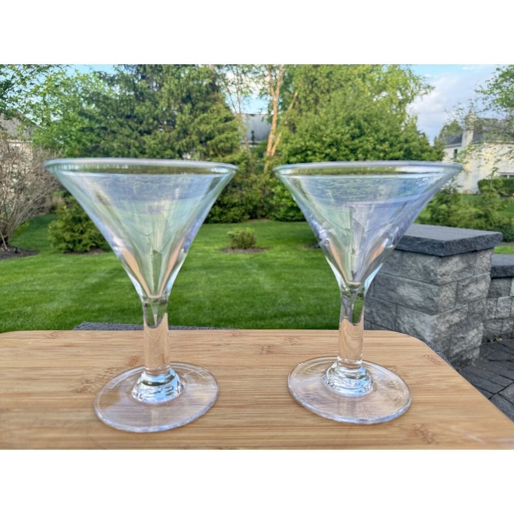 Simon Pearce Clear Glass Teardrop Martini Glasses V Silhouette Hand Blown~2 Pc